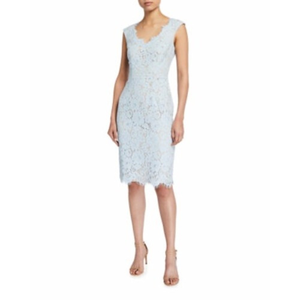 Eliza J Light Blue Floral Lace Sheath Dress Scalloped V-Neck 12P Petite